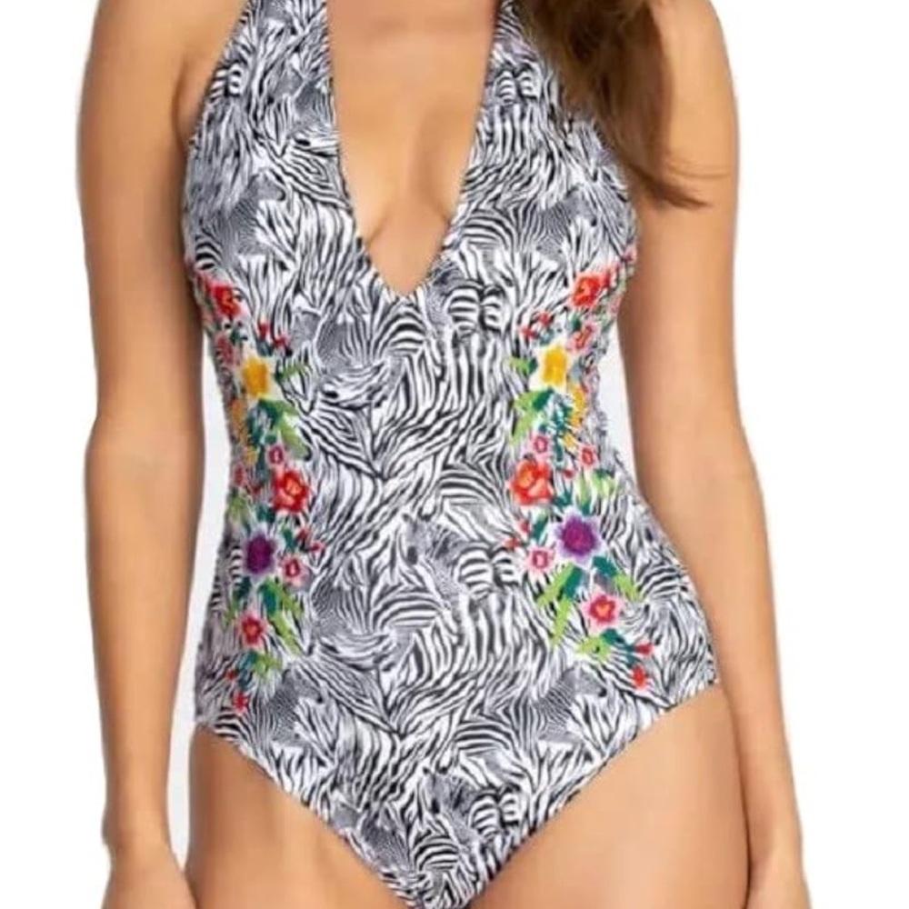 Johnny Was Black and White Zebra One Piece with Floral Embroidered Accents